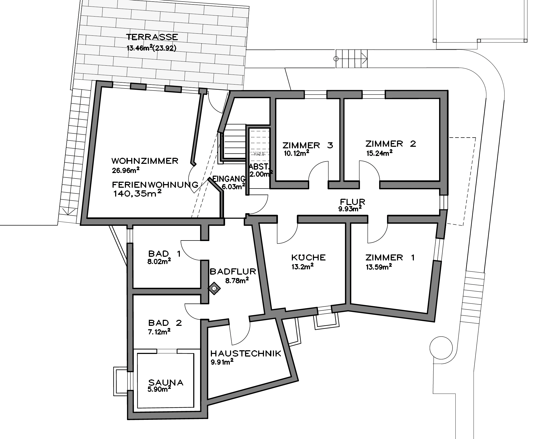 Grundriss der Ferienwohnung — 3 Schlafzimmer, 2 Bäder, Wohnzimmer, Küche, Sauna, Terrasse (140 m²)